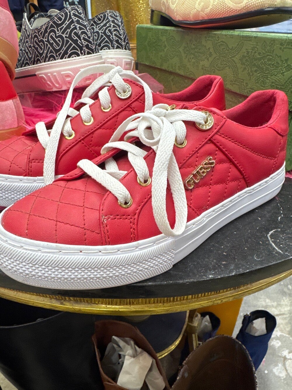 GUESS Women's 6 Red Quilted Sneakers Gold G Logo
